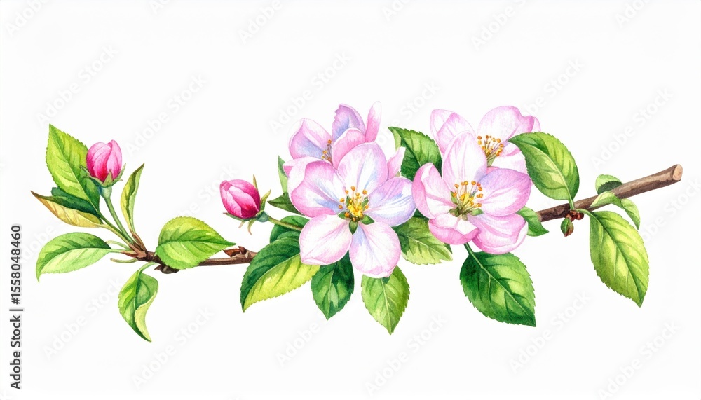 Fototapeta premium Beautiful hand-drawn illustration of delicate pink apple blossoms with green leaves on a branch, showcasing vibrant colors and intricate details of nature