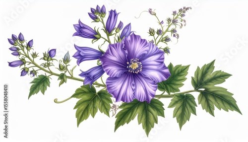 Detailed Illustration of a Purple Flowering Plant with Green Leaves and Vibrant Petals on a White Background for Nature and Floral Themes