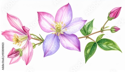 Detailed floral watercolor illustration showcasing vibrant pink and purple flowers with lush green leaves on a delicate branch in a light background