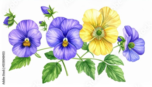 Beautiful watercolor illustration of vibrant purple and yellow pansy flowers with lush green leaves, showcasing the delicate nature of floral art in a botanical style.
