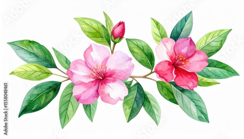 Beautiful watercolor illustration of pink flowers and green leaves on a white background capturing nature's delicate beauty and elegance for artistic decoration