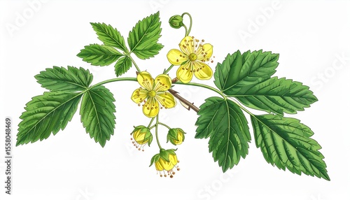 Detailed botanical illustration of yellow flowers with green leaves, capturing the beauty of nature in a vivid and artistic style showcasing delicate floral anatomy.