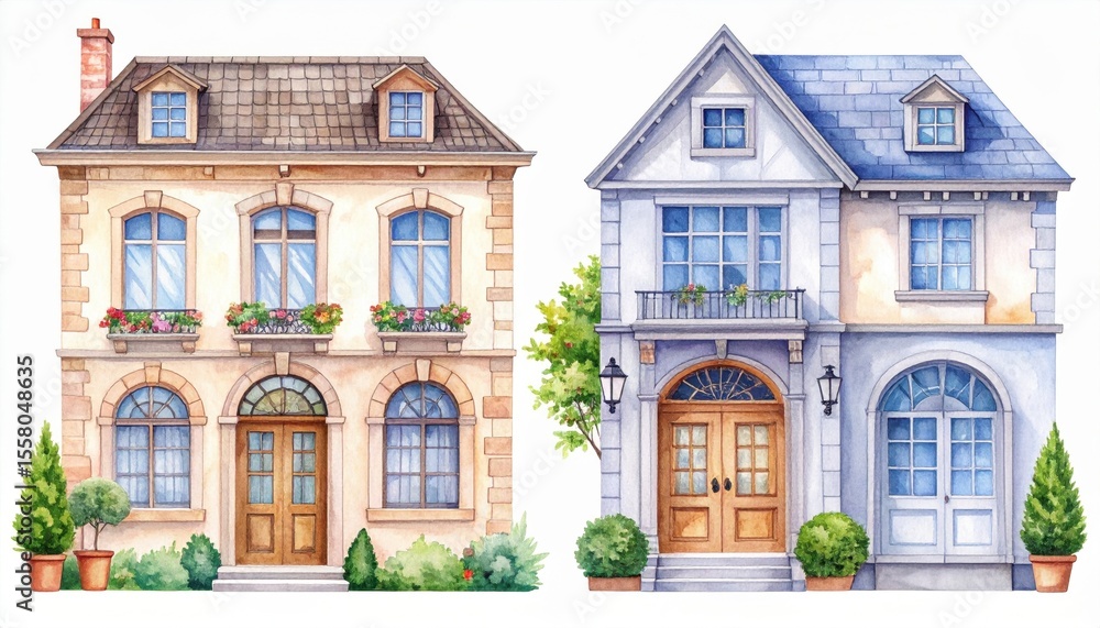 Fototapeta premium Charming watercolor illustrations of two distinct house designs with beautiful architectural features and lush green landscaping in a quaint setting