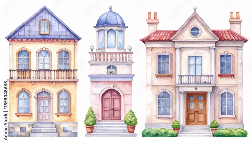 Obraz premium Charming Collection of Three Colorful Watercolor House Illustrations Featuring Varied Architectural Details and Unique Designs in a Playful Style