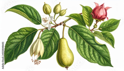 Botanical illustration of pear tree branch showing blossom, fruit, green leaves, and botanical details for educational and decorative purposes