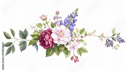 Beautiful Floral Arrangement with Pink and Purple Flowers, Green Leaves, and Delicate Blossoms for Nature-Inspired Designs and Decorations