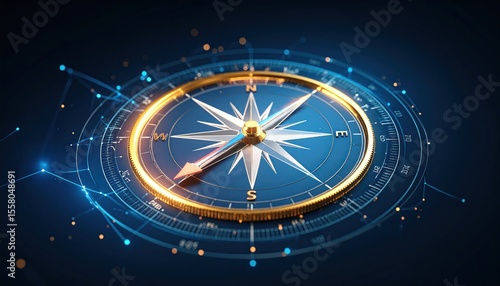 Close-up of a digital compass.  Golden frame, blue face.  Abstract tech overlay