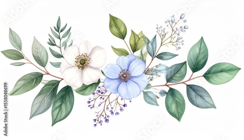 Elegant Botanical Illustration of White and Blue Flowers with Green Leaves and Delicate Accents in Soft Color Palette for Artistic Design