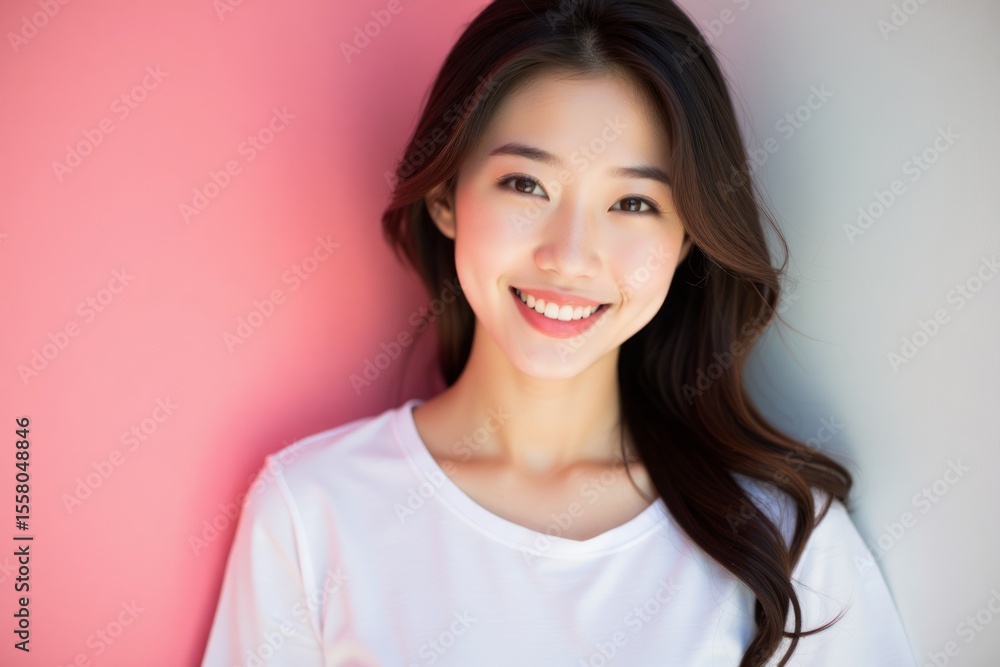 Woman with a joyful expression against a backdrop of pink and gray. Woman with a joyful expression against a backdrop of pink and gray.