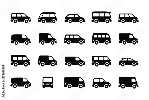 Variety of minibus vector icons in outline, filled, and stroke styles designed for interface design, apps, and responsive web use

