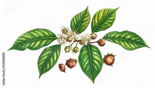 Detailed Botanical Illustration of a Plant with Green Leaves, Blossoms, and Unripe Fruit on a White Background