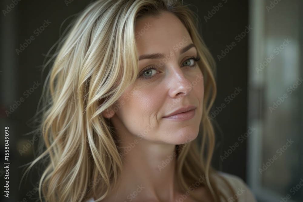 Close-up portrait of a woman with blonde wavy hair. Close-up portrait of a woman with blonde wavy hair.