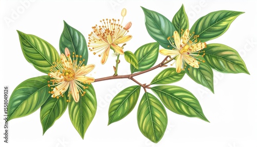 Detailed Hand-Drawn Illustration of Flowering Branch with Beautiful Green Leaves and Bright Yellow Blossoms