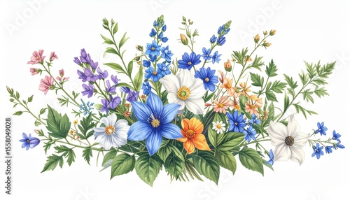 Beautiful Floral Arrangement with Various Colorful Wildflowers in Blooming Display on a Bright White Background