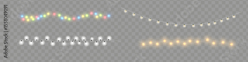 Christmas lights. Bright Xmas garland. Vector glow light bulbs on wire strings.