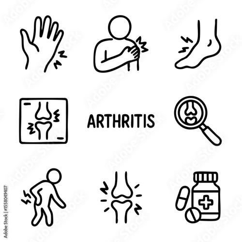 A set of doodle line icons showing arthritis symptoms, joint inflammation, body pain, x-rays, and medical treatment elements