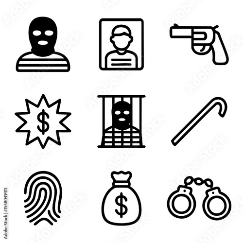 A set of doodle line icons depicting crime, robbery, suspects, money theft, weapons, fingerprints, and arrest-related elements