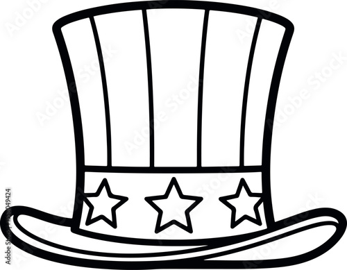 Minimalist outline illustration of Uncle Sam’s hat featuring bold vertical stripes and a band with stars, ideal for patriotic themes and 4th of July graphics.