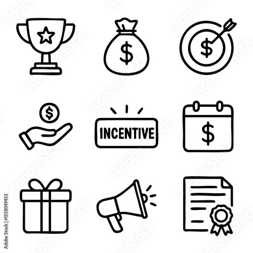 A set of doodle line icons showing business incentives, rewards, bonuses, motivation tools, goal achievement, and financial compensation