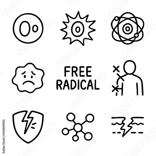 A set of doodle line icons showing free radicals, oxidative stress, molecular structure, cell damage, and health deterioration effects