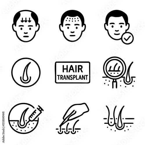 A set of doodle line icons showing hair transplant procedure, hair loss, scalp treatment, follicle injection, and regrowth process