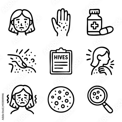 A set of doodle line icons illustrating skin rashes, hives, allergy symptoms, itchiness, irritation, and medical treatment for dermatological issues