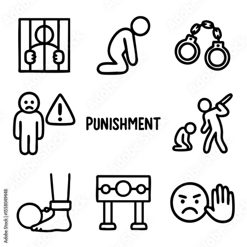 A set of doodle line icons illustrating punishment, imprisonment, physical discipline, emotional distress, restriction, and consequences for wrongdoing