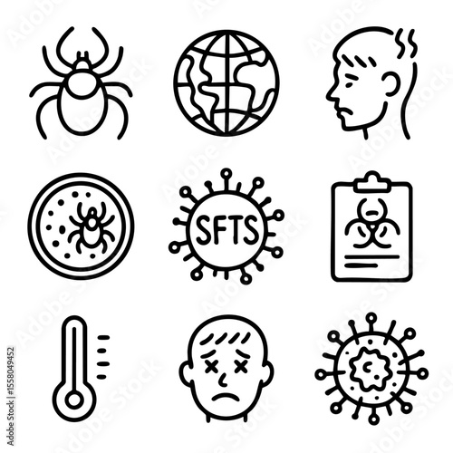 A set of doodle line icons showing SFTS virus, tick transmission, fever symptoms, infection, global spread, and biohazard warning elements