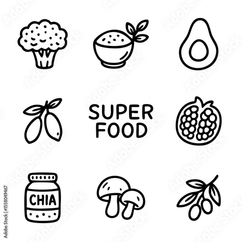 A set of doodle line icons featuring superfoods like chia seeds, avocado, broccoli, goji berries, pomegranate, and other nutrient-rich foods