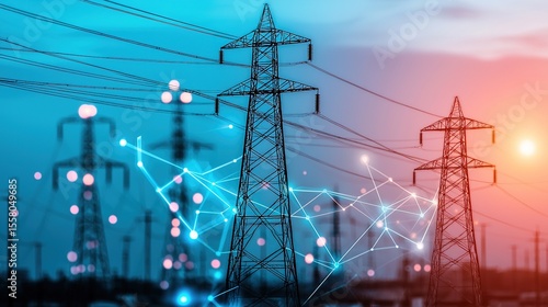 High-voltage power lines and pylons with digital network graphics represent modern energy transmission and smart grid technology.