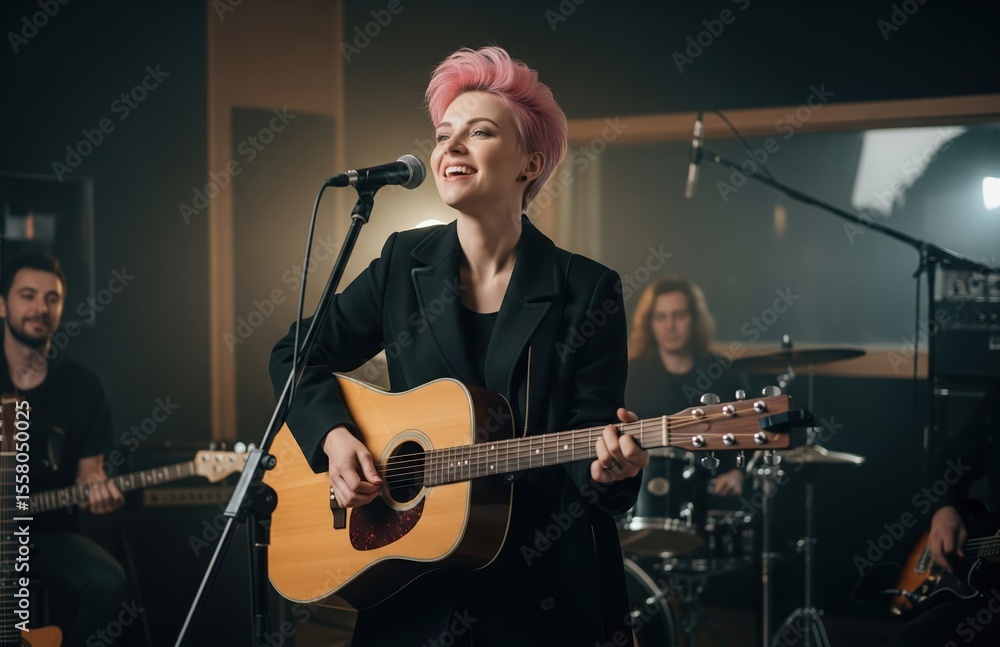 Obraz premium Trendy Woman With Bright Hair Plays Guitar Inside While Creating Original Songs in Relaxed Modern Style Environment