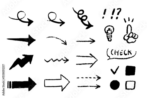 手書き風の矢印と記号セット — ラフで味のある黒インク素材