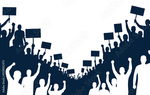 Silhouette of protest crowd with raised fists and placards, political demonstration