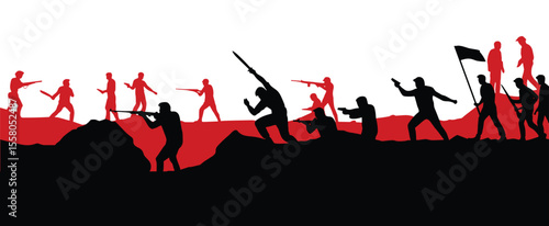 War and revolution battle scene silhouette with soldiers, flags, and weapons in action, dramatic vector illustration