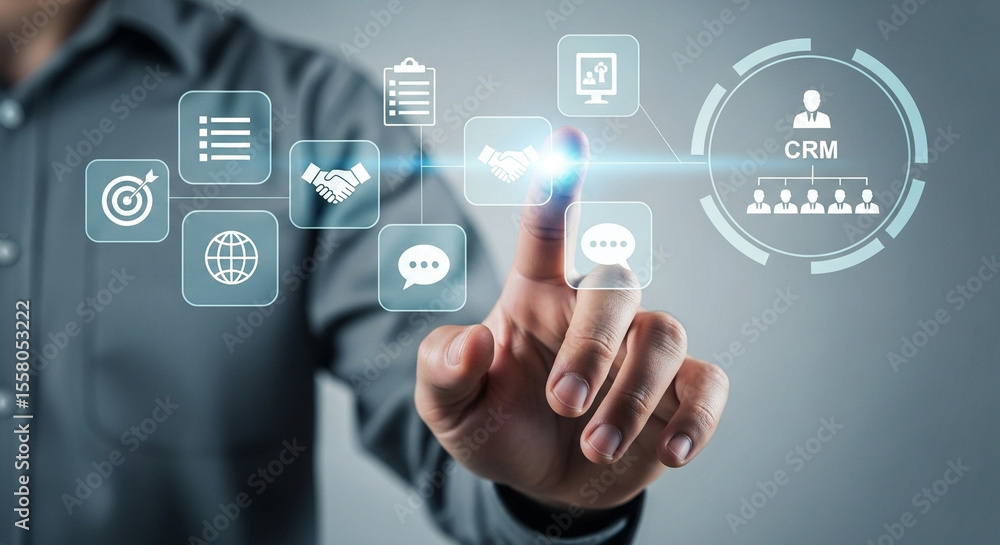 Man using digital interface with crm icons and business related symbols for data management system Man using digital interface with crm icons and business related symbols for data management system