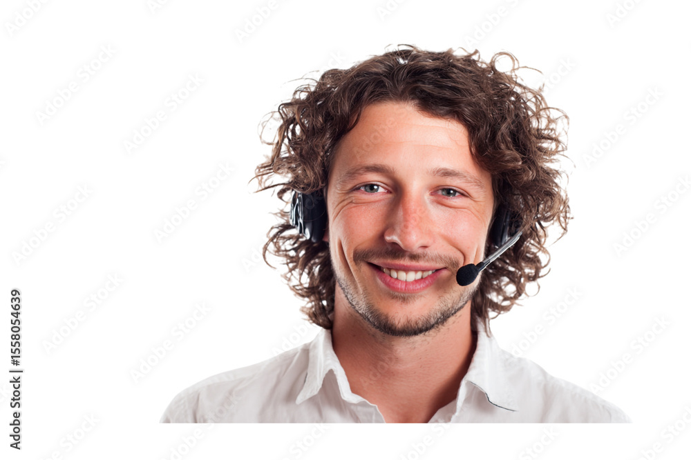 Obraz premium Smiling man with curly hair wearing a headset on transparent background