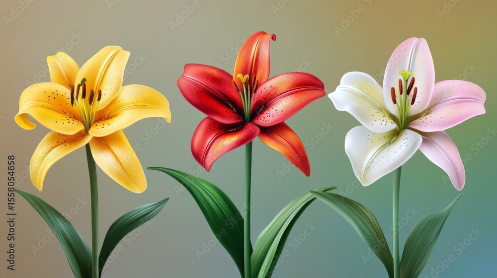 Naklejka premium 19.Realistic Lily Poster Set with Multicolored Flowers