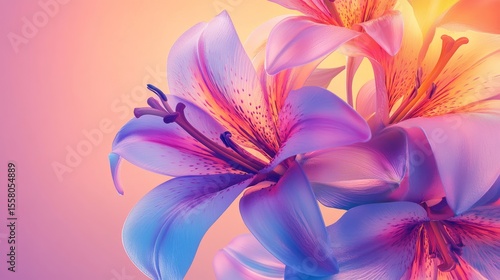 21.A vibrant poster featuring an array of lilies in full bloom, their petals rendered with lifelike detail, set against a soft gradient background.