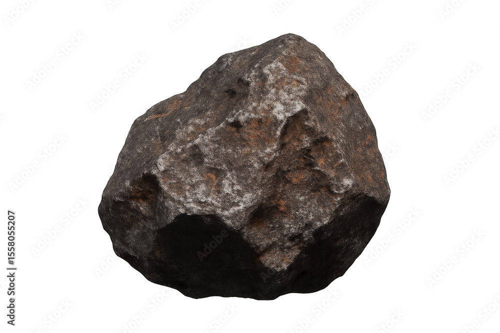 Obraz premium Dark gray asteroid model, photorealistic 3d rendering, transparent background, professional compositing for space visualization projects
