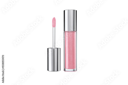 Pink Lip Gloss with Silver Cap and Applicator, Cosmetic Product, Beauty Item isolated on transparent background