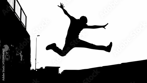 Silhouette of a person jumping with arms outstretched against a bright background near buildings and street light
