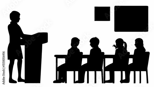 Silhouette of a woman giving a presentation to a group of students in a classroom setting clearly visible