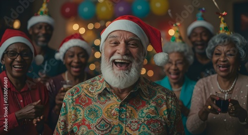 Festive fun with friends: A group of seniors celebrating Christmas, Holiday happiness with loved ones: Senior citizens in Santa hats enjoying a festive party