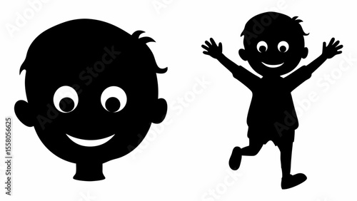 Two cartoon boy silhouettes one is a headshot and the other is running with arms raised high up happy