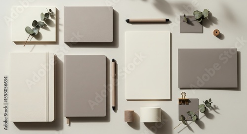 Elegant Desk Arrangement with Notebooks, Pens and Greenery Accents