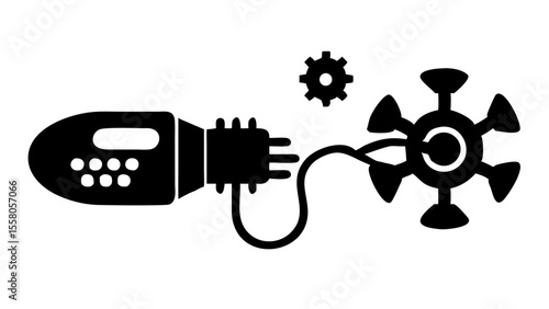 Stylized illustration of a device connected by a cable to a virus with a gear above it shown in black silhouette