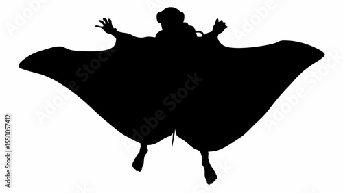 Silhouette of a wingsuit flyer with arms outstretched against a white background in a dynamic pose