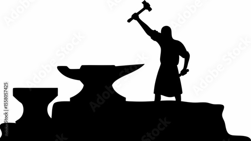 Silhouette of a blacksmith striking an anvil with a hammer in a workshop setting, forging metal work