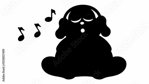 Silhouette of a cartoon character wearing headphones and listening to music with musical notes floating around it