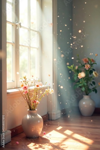 Serene Sunlight Dust Motes Dance in a Pastel-Colored Room Filled with Flowers